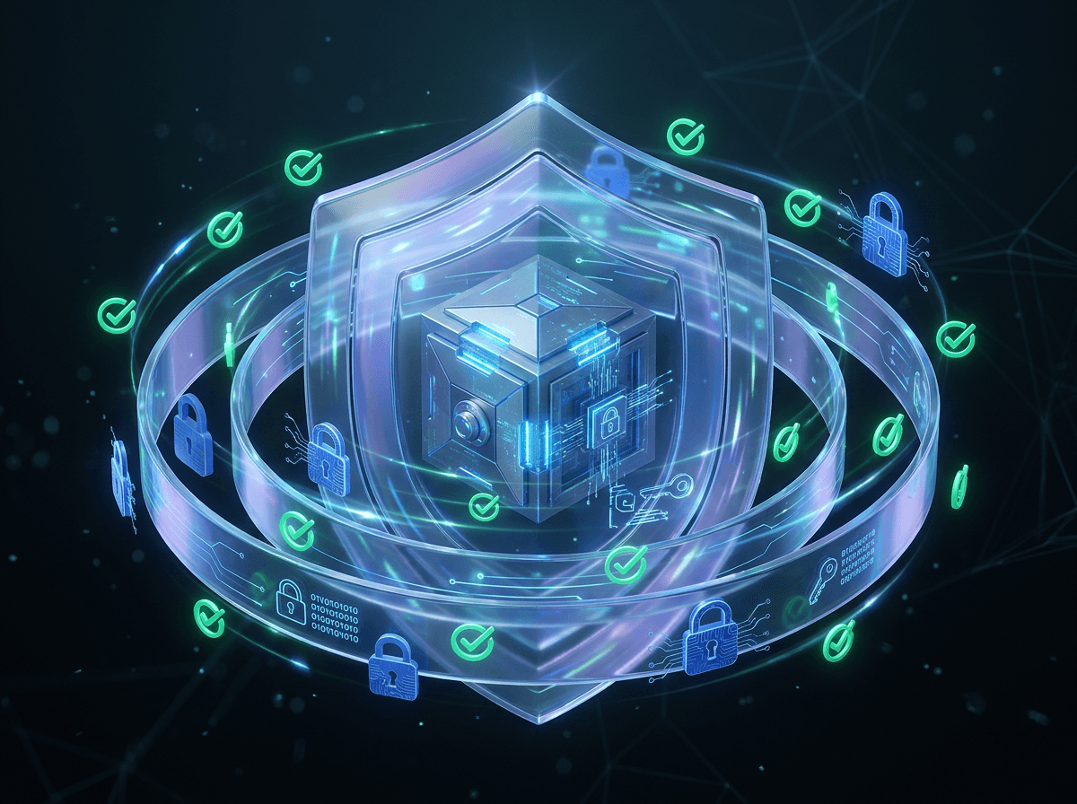 Digital fortress with layered protection shields showing transparent security verification and green checkmarks