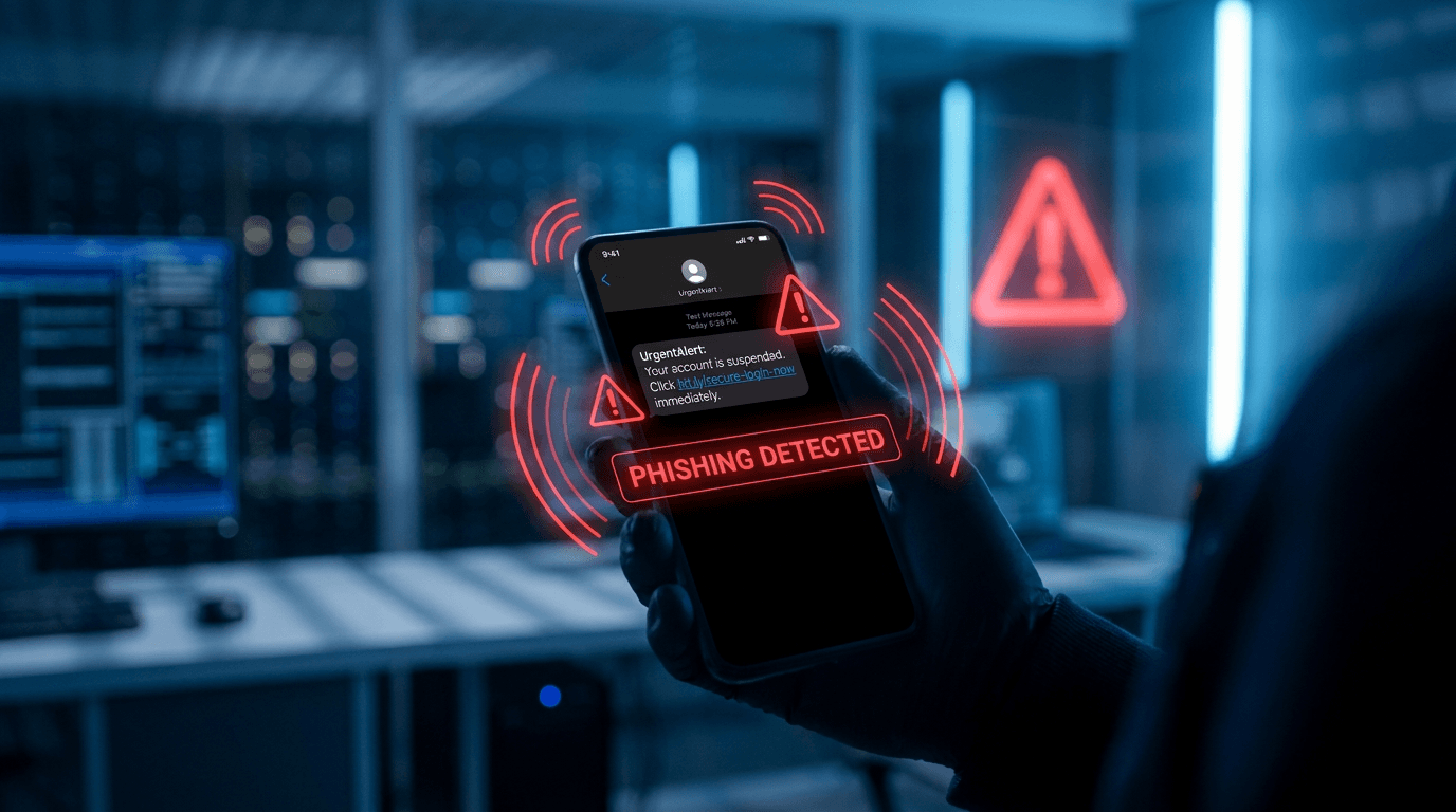 Smartphone displaying a phishing message with red warning indicators highlighting the fraud attempt