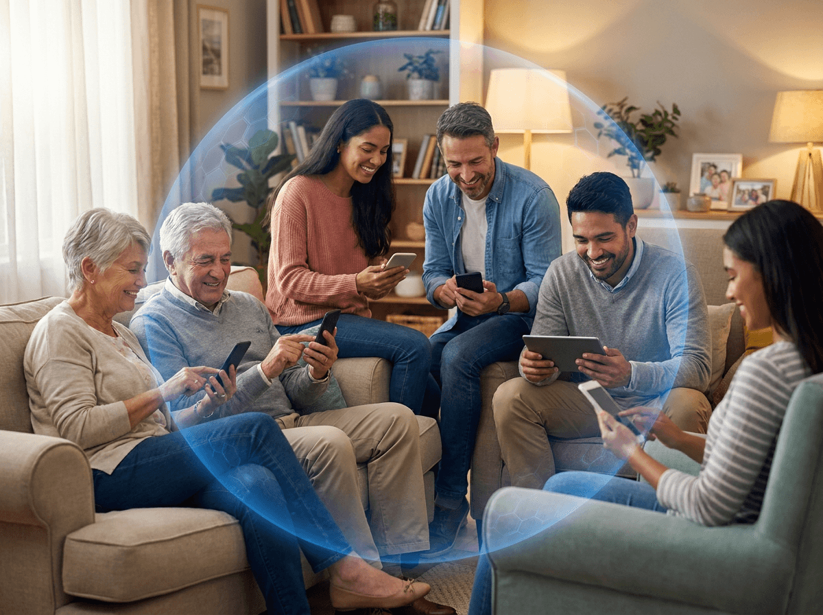Multi-generational family using digital devices together protected by a translucent blue security shield